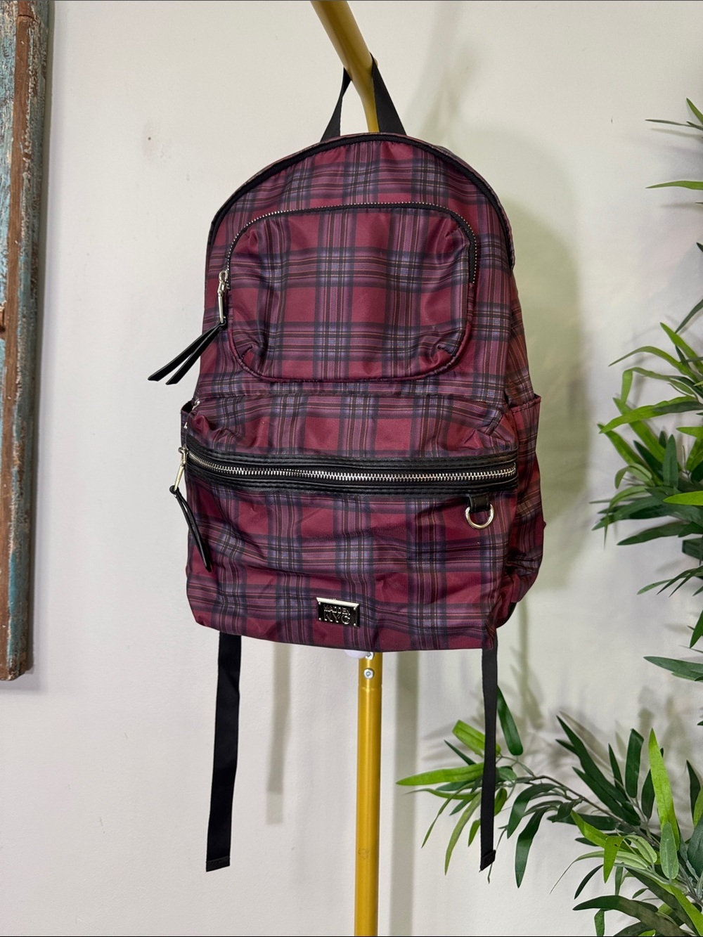 Madden NYC Burgundy Plaid Backpack with Front Zip Pocket shiny silver hardware